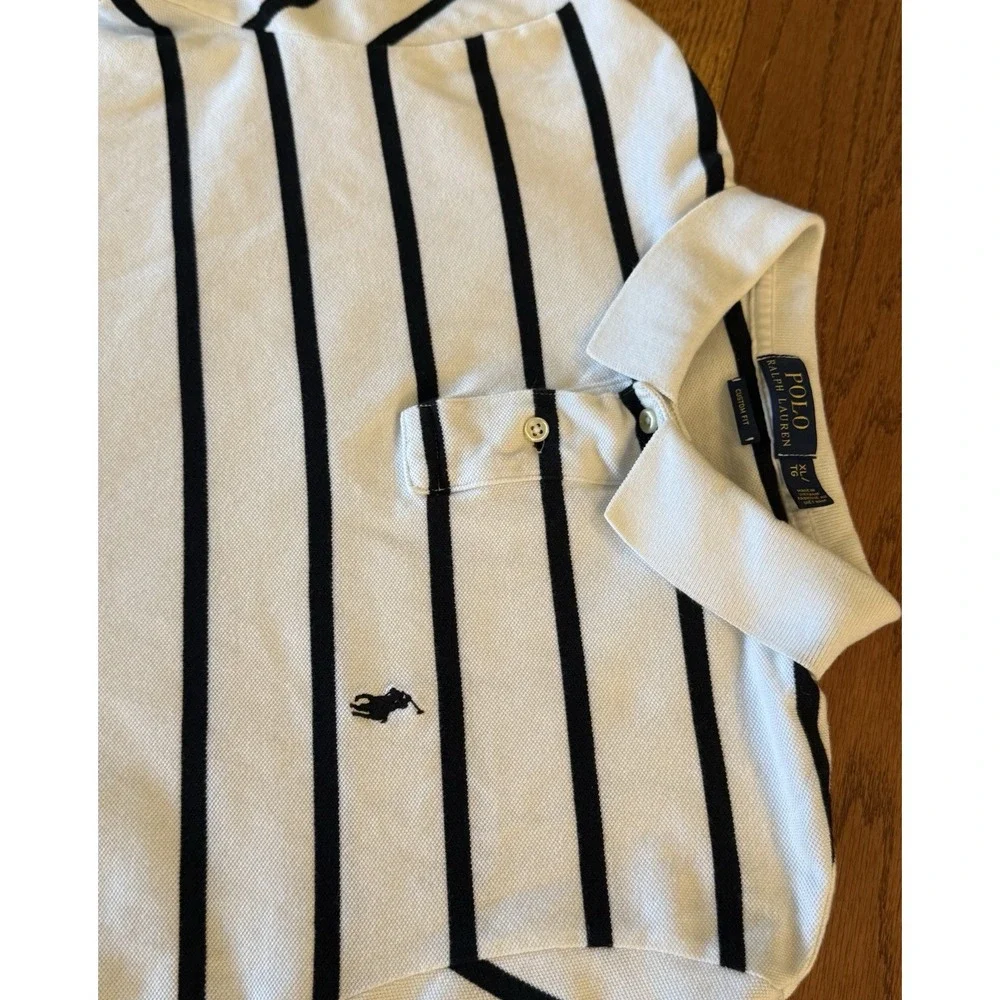 Polo Ralph Lauren Mens XL White Black Stripe Custom Fit Pique Polo Shirt Cotton